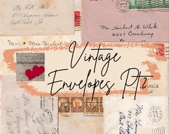 May include: Vintage envelopes with handwritten addresses and stamps. The envelopes are cream colored with blue and black ink. The text on the envelopes includes names, addresses, and dates. The stamps are from the 1940s and feature images of historical figures and landmarks.