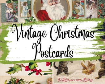 May include: A collection of vintage Christmas postcards. The postcards feature illustrations of Santa Claus, children, cats, and winter scenes. The text "Vintage Christmas Postcards" is displayed in a cursive font. Holly and berries decorate the postcards.