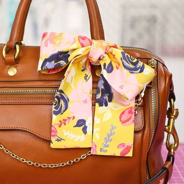 Skinny Purse Scarf for Handbag (Blunt Ends) | Yellow Rose print | Handmade Designer Gift