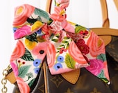 Skinny Purse Scarf for Handbag (Angled Ends) 42 inch | Pink Rose print | Handmade Designer Gift