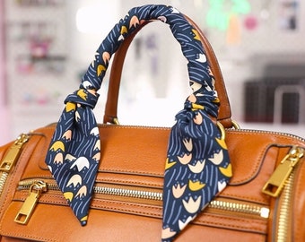 Skinny Purse Scarf for Handbag (Angled Ends) | Navy Tulip print | Handmade Designer Gift