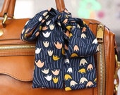 Skinny Purse Scarf for Handbag (Blunt Ends) | Navy Tulip print | Handmade Designer Gift