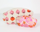 Curved Zipper Pouch Set of 2 (Large/Small) | Strawberry & Floral print | Handmade Gift Cosmetic Bags