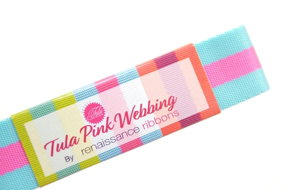 Tula Pink 1 Webbing - Blue Aqua and Hot Pink