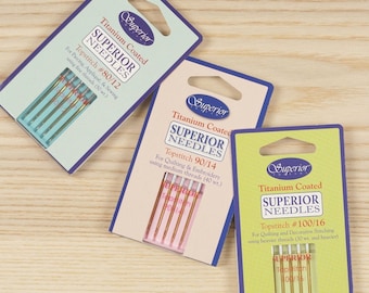Superior Titanium Coated Needles - 3 Pack Variety (80/12, 90/14, 100/16) for Sewing Machines
