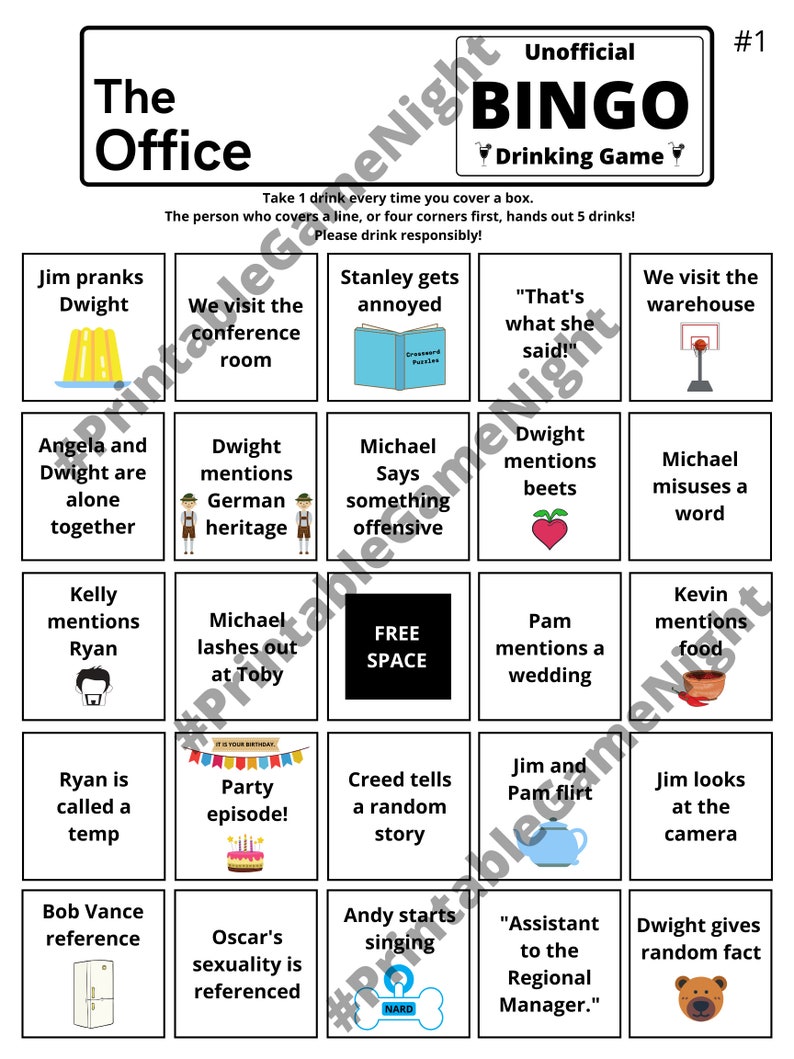 The Office Unofficial Bingo Drinking Game DIGITAL DOWNLOAD Etsy