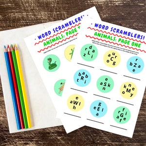 May include: Two printable worksheets with colorful circles containing scrambled letters to spell animal names. The worksheets are titled "Word Scramblers! Animals: Page One".