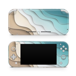 May include: A white and blue Nintendo Switch Lite console with a wavy, abstract design. The console has a black screen and white buttons.