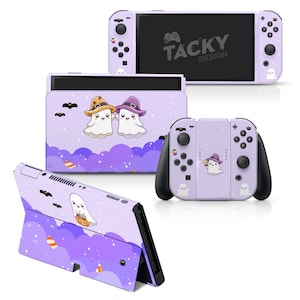 May include: Purple Nintendo Switch console and Joy-Con controllers with a Halloween-themed design featuring cute ghosts wearing witch hats. The design includes bats, stars, and candy corn.