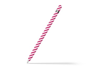 May include: A pink and white striped Apple Pencil with a silver tip.