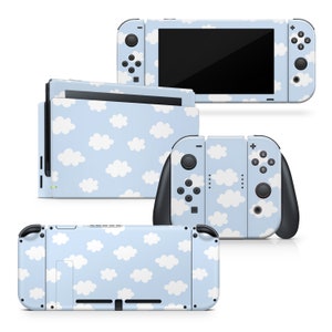 May include: A blue and white Nintendo Switch console skin with a cloud pattern. The skin is designed to fit the console, Joy-Cons, and dock.