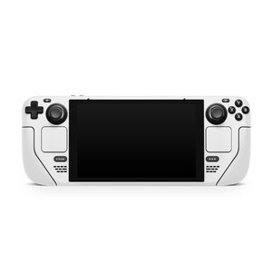 Może przedstawiać: Biała przenośna konsola do gier z czarnym ekranem, czarnymi przyciskami i czarnym joystickiem po obu stronach. Konsola ma przycisk "STEAM" po lewej stronie.