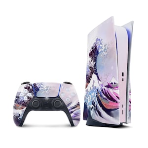 May include: A white and purple PlayStation 5 console with a custom skin featuring a Japanese wave design. The console is shown with a matching controller.