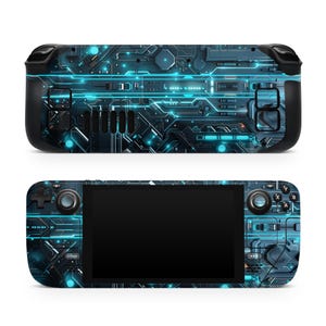May include: A handheld gaming console with a circuit board design. The console features a black body with a detailed pattern of blue and teal lines and shapes, resembling a complex electronic circuit. The screen is black.