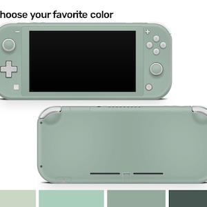 May include: A pale green Nintendo Switch Lite handheld gaming console with white buttons. The console is shown in both a closed and open position. The image includes a color palette of green shades.