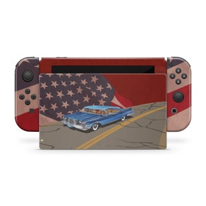 May include: A blue vintage car driving down a cracked road with an American flag in the background. The image is on a Nintendo Switch console skin.
