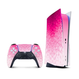May include: A pink and white geometric patterned skin for a PlayStation 5 console and controller.