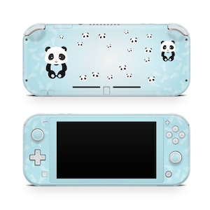 May include: A light blue Nintendo Switch Lite console with a panda bear design. The console has a black screen and white buttons. The back of the console has a pattern of panda bear footprints.