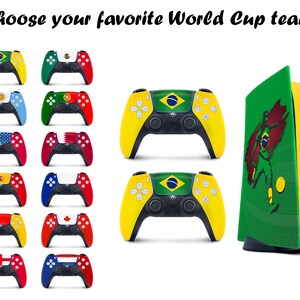 May include: A set of 10 different colored video game controllers with flags of various countries on them. The controllers are yellow, black, and green. The text "Choose your favorite World Cup team" is at the top of the image.