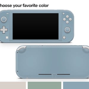 May include: A light blue Nintendo Switch Lite handheld gaming console with white buttons. The console is shown from the front and back.