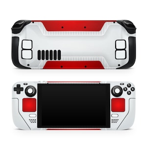May include: White and red handheld gaming console case, shown from the front and back. The case has a black screen and buttons, with red accents. The back has vents and a textured design. The front has a black screen and control buttons.