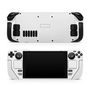 Może przedstawiać: Biała przenośna konsola do gier z czarnymi przyciskami i czarnym ekranem. Konsola ma po jednym joysticku po każdej stronie i przycisk "STEAM" po lewej stronie.