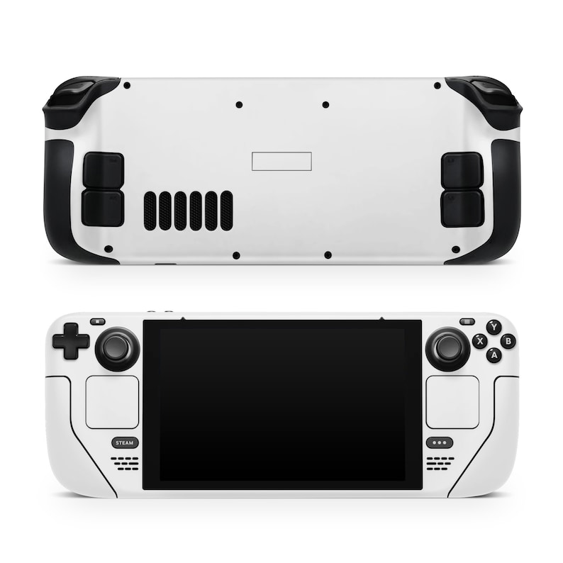 Może przedstawiać: Biała przenośna konsola do gier z czarnymi przyciskami i czarnym ekranem. Konsola ma po jednym joysticku po każdej stronie i przycisk "STEAM" po lewej stronie.