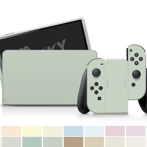 May include: A light green Nintendo Switch console with matching Joy-Con controllers. The console is closed and the Joy-Cons are detached. The console and controllers are on a white background.