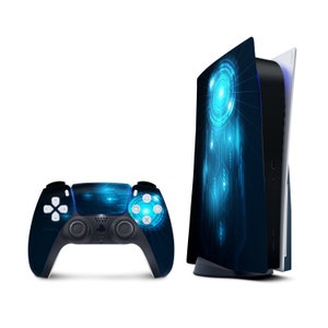 May include: A black PlayStation 5 console with a blue and black digital pattern skin. The console is standing upright. A matching black PlayStation 5 controller with a blue and black digital pattern skin is shown in front of the console.