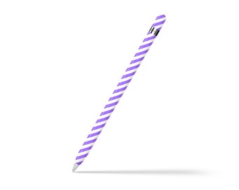 May include: A purple and white striped Apple Pencil with a white cap.