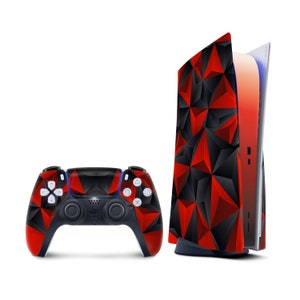 May include: A PlayStation 5 console and controller set. The console and controller feature a geometric design with red and black triangular patterns. The controller has white buttons and a black center.