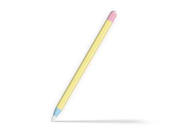 May include: A yellow pencil with a pink eraser and a light blue tip. The pencil is lying on a white surface.