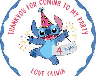 May include: A circular sticker with a cartoon character wearing a party hat and holding a sign saying "4 TODAY." The sticker has a blue scalloped border and text that reads "THANK YOU FOR COMING TO MY PARTY" and "LOVE OLIVIA."