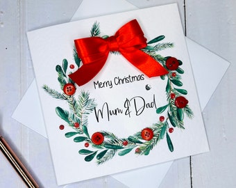 Personalised Christmas wreath card, merry Christmas mum, merry Christmas mum & dad, merry Christmas, red bow and buttons card