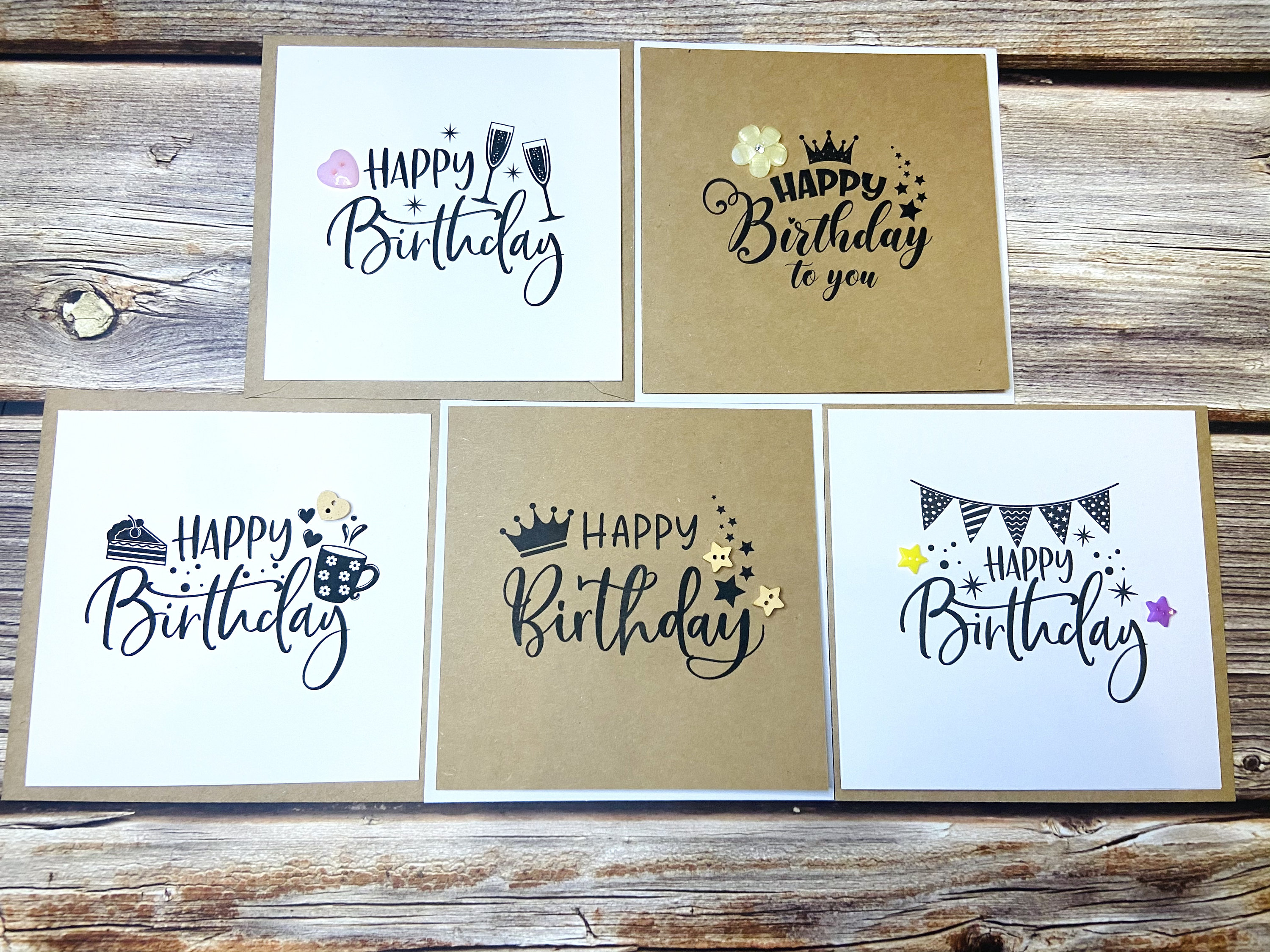Pack of 5 Happy Birthday Cards, Embellished Birthday Cards, Pack of 5 Cards, 6x6 Inch Cards