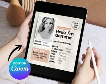 May include: A tablet screen shows a profile page with the text "Hello, I'm Gemma." The profile includes a photo, birthday, and favourite things such as the colour orange, ballet, sunflowers, and the film "Toy Story." There is also an "Edit on Canva" button.
