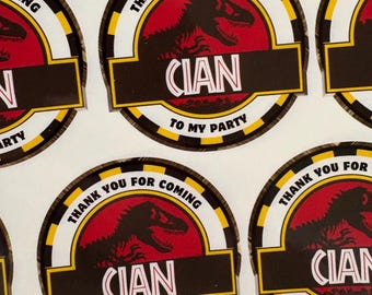 Jurassic Park inspired Thank you stickers, Personalised dinosaur party stickers, Custom name birthday favour labels.