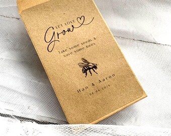 Personalised Let Love Grow Wedding Seed Favour packets, Bee Design, Custom Name and design, rustic design