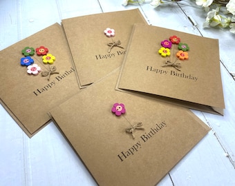 Pack of 4 flower button birthday cards, happy birthday card pack, flower cards, button cards, birthday cards, pack of 4, handmade brown card