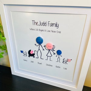 May include: A white framed family portrait featuring stick figures with button heads. The text "The Judd Family" and "Where Life Begins & Love Never Ends" is displayed. Family members are named Clarke, Juliet, Stuart, Christina, Austin, and Lois.