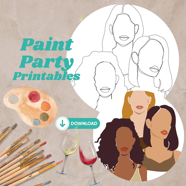 Paint N Sip Faceless Portrait Easy Fun Coloring Page Digital Download Print and Paint Kit Paint Party Printable Instant Delivery