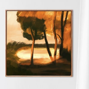 Sunset forest painting, square landscape art print, Deep forest vintage oil painting, Vintage Landscape art, large tree Botanical Print image 1