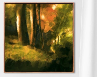 Classic Forest Oil Painting, square landscape art print, Deep forest vintage oil painting, Vintage Landscape art, large tree Botanical Print