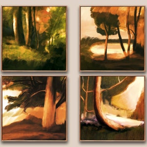 Four piece of Forest Prints, Forest Landscape Painting Set of four, Large Square Art Prints, Nature Scenery Wall Art, Classic Oil Paintings