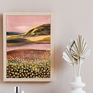 Landscape Watercolor Art, Mountain and Wildflower Poster, Yellow Flower Field, Abstract Mountain Prints, Soft Purple and Yellow, A2 print