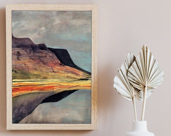 Nordic Landscape Aquarel Art, Earthy Abstract Print, Scandinavische natuur met reflectie op het meer, Mountain Lake Print, 16x20 frameformaat