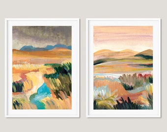Landschap Print Set van 2, Landschap Aquarel Print, Abstracte Berg print, Zachte Pastel Landschap, Hedendaagse Schilderkunst, 16x20 A2 Prints