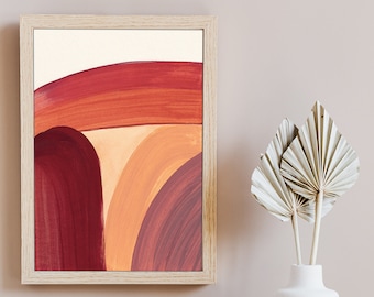 Earth Tone Modern Contemporary Abstract Painting, Bourgogne profonde, Violet vibrant et rose blush, Art géométrique bloquant les couleurs, Milieu du siècle