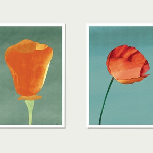 Duas peças de impressão floral em aquarela, impressão de arte botânica colorida, pintura botânica de meados do século, arte de flores vibrantes, impressão grande A2