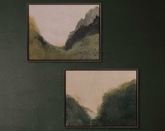 Set of 2 Landscape Print, Set of two Vintage Landscape paintings, Large Forest landscape Wall Art, Countryside Landscape Art, Moody Painting
